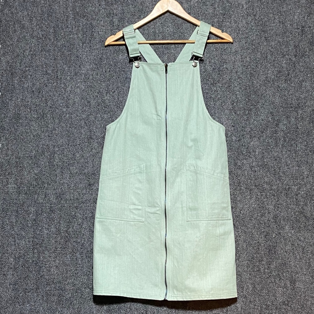 Sweet Claire Sage Green Cotton Zipper Front Pinafore Overall Dress Medium